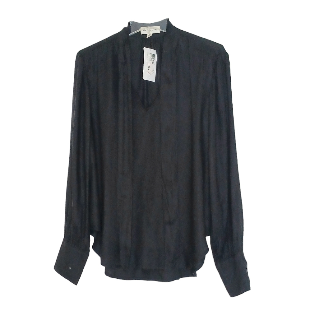 NEW Evereve Cloth & Stone Long Sleeve Tie Front Blouse Women's Sz Lg Black NWT